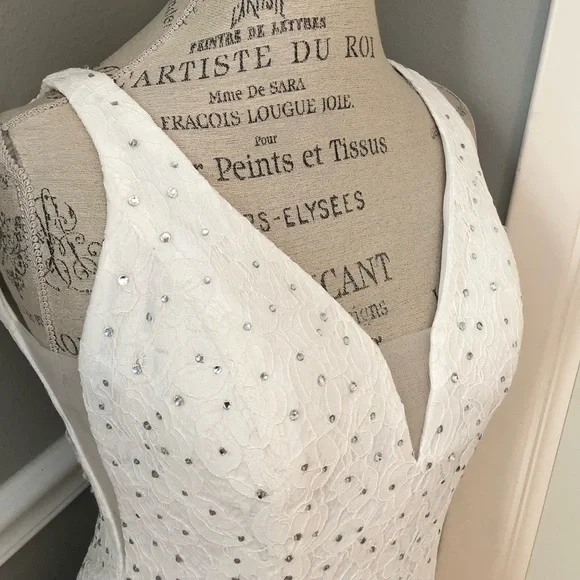 NEW ABBY PARIS SZ 2 IVORY LACE BEADED ILLUSION FORMAL EVENING GOWN - Picture 7 of 12